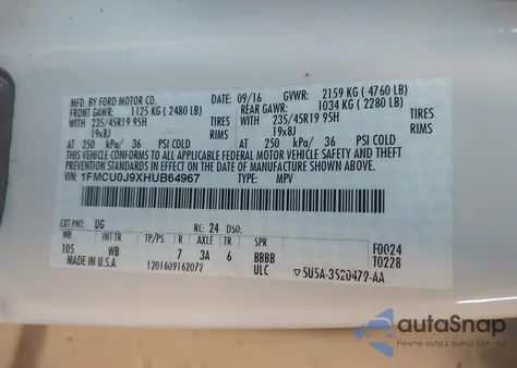 2017 Ford Escape Titanium из США, поврежденный, VIN 1FMCU0J9XHUB64967